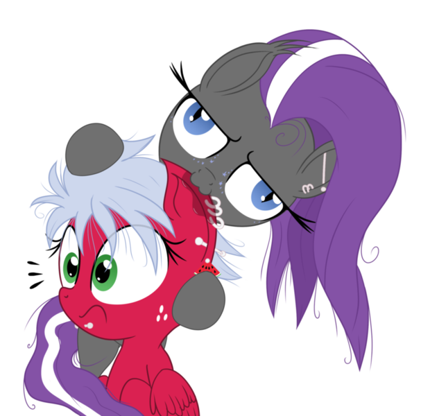 Size: 899x889 | Tagged: safe, artist:vito, banned from derpibooru, deleted from derpibooru, derpibooru import, oc, oc:melon frost, oc:splash, unofficial characters only, bat pony, pegasus, pony, biting, drool, ear bite, ear fluff, ear piercing, freckles, lip piercing, nom, piercing, simple background, transparent background