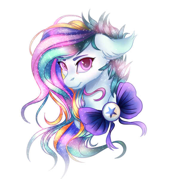 Size: 2894x3031 | Tagged: safe, artist:petrinox, banned from derpibooru, deleted from derpibooru, derpibooru import, oc, oc:glittery flutter, unofficial characters only, earth pony, pony, art trade, bow, bust, female, floppy ears, looking at you, mare, multicolored hair, neck bow, portrait, simple background, smiling, solo, transparent background