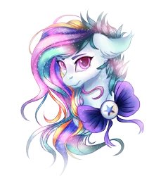 Size: 2894x3031 | Tagged: safe, artist:petrinox, banned from derpibooru, deleted from derpibooru, derpibooru import, oc, oc:glittery flutter, unofficial characters only, earth pony, pony, art trade, bow, bust, female, floppy ears, looking at you, mare, multicolored hair, neck bow, portrait, simple background, smiling, solo, transparent background