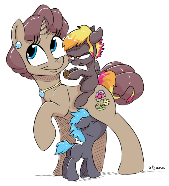 Size: 2812x3083 | Tagged: safe, artist:dilarus, banned from derpibooru, deleted from derpibooru, derpibooru import, oc, oc:bass (dilarus), oc:beat (dilarus), oc:honeysuckle (dilarus), unofficial characters only, earth pony, pegasus, pony, unicorn, breastfeeding, commission, cookie, ear piercing, earring, eating, eyes closed, female, filly, floppy ears, food, implied crotchboobs, jewelry, mother, mother and child, mother and daughter, necklace, nonsexual nursing, nursing, piercing, pregnant, raised hoof, simple background, smiling, suckling, transparent background