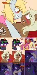 Size: 2250x4500 | Tagged: safe, artist:jake heritagu, artist:senseidezzy, banned from derpibooru, deleted from derpibooru, derpibooru import, derpy hooves, scootaloo, oc, oc:sandy hooves, oc:warden, pony, ask pregnant scootaloo, absurd resolution, ask, blushing, clothes, comic, couch, food, lady derpy's photo shoot, pizza, pizza box, pregnant, pregnant scootaloo
