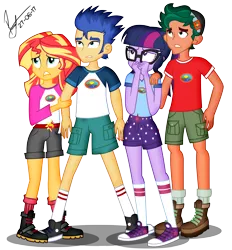 Size: 8346x8990 | Tagged: safe, artist:paulysentry, banned from derpibooru, deleted from derpibooru, derpibooru import, flash sentry, sci-twi, sunset shimmer, timber spruce, twilight sparkle, equestria girls, legend of everfree, absurd resolution, clothes, converse, looking at something, shirt, shoes, shorts, simple background, transparent background