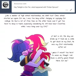 Size: 1280x1280 | Tagged: safe, artist:little-tweenframes, banned from derpibooru, deleted from derpibooru, derpibooru import, sci-twi, sunset shimmer, twilight sparkle, series:sciset diary, equestria girls, clothes, comforting, crying, duo, female, hug, implied timber spruce, lesbian, male, ponytail, rear view, scitwishimmer, shipping, simple background, straight, sunsetsparkle, tumblr