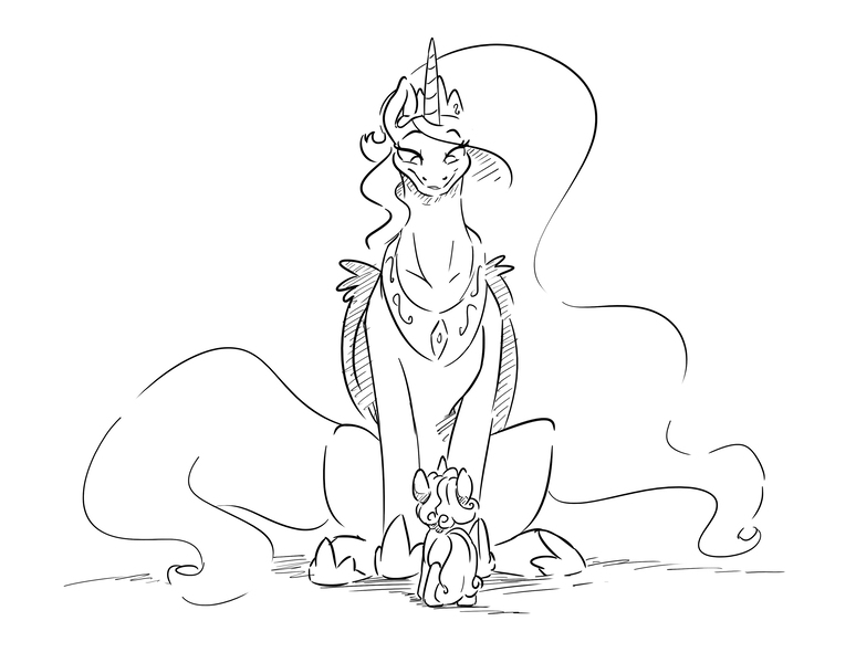 Size: 3549x2752 | Tagged: safe, artist:dilarus, artist:greyscaleart, banned from derpibooru, deleted from derpibooru, derpibooru import, princess celestia, princess flurry heart, alicorn, pony, auntlestia, collaboration, looking at each other, monochrome, rear view, simple background, sitting, size difference, tallestia, white background