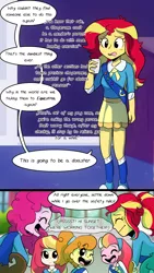 Size: 720x1280 | Tagged: safe, artist:little-tweenframes, banned from derpibooru, deleted from derpibooru, derpibooru import, pinkie pie, pound cake, pumpkin cake, sunset shimmer, oc, oc:honeycrisp blossom, oc:ma belle danseuse, comic:the wonder scouts, series:sciset diary, equestria girls, clothes, comic, offspring, parent:big macintosh, parent:carrot cake, parent:cup cake, parent:moondancer, parent:prince blueblood, parent:princess cadance, parents:cadmac, parents:moonblood, shoes, skirt, sneakers, socks, the wonder scouts