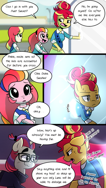 Size: 720x1280 | Tagged: suggestive, artist:little-tweenframes, banned from derpibooru, deleted from derpibooru, derpibooru import, moondancer, sunset shimmer, oc, oc:honeycrisp blossom, oc:ma belle danseuse, pony, comic:the wonder scouts, series:sciset diary, equestria girls, alternate costumes, alternate hairstyle, comic, implied pinkie pie, offspring, parent:big macintosh, parent:moondancer, parent:prince blueblood, parent:princess cadance, parents:cadmac, parents:moonblood, vulgar