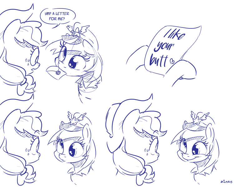 Size: 2400x1920 | Tagged: safe, artist:dilarus, banned from derpibooru, deleted from derpibooru, derpibooru import, applejack, derpy hooves, earth pony, pegasus, pony, clothes, comic, cowboy hat, derpyjack, dialogue, female, flirting, hat, implied lesbian, lesbian, letter, mailmare, monochrome, mouth hold, open mouth, paper, shipping, simple background, smiling, speech bubble, stetson, uniform, white background