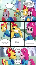 Size: 720x1280 | Tagged: safe, artist:little-tweenframes, banned from derpibooru, deleted from derpibooru, derpibooru import, pinkie pie, sunset shimmer, oc, oc:honeycrisp blossom, earth pony, pony, comic:the wonder scouts, series:sciset diary, comic, female, filly, freckles, offspring, parent:big macintosh, parent:princess cadance, parents:cadmac