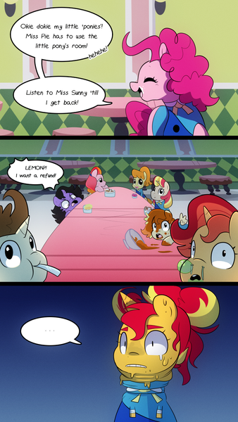 Size: 720x1280 | Tagged: safe, artist:little-tweenframes, banned from derpibooru, deleted from derpibooru, derpibooru import, pinkie pie, pound cake, pumpkin cake, sunset shimmer, oc, oc:honeycrisp blossom, oc:ma belle danseuse, oc:umbra amethyst, earth pony, pegasus, pony, unicorn, comic:the wonder scouts, series:sciset diary, ..., comic, offspring, older, older pound cake, older pumpkin cake, parent:big macintosh, parent:moondancer, parent:prince blueblood, parent:princess cadance, parents:cadmac, parents:moonblood, speech bubble, sweat, the wonder scouts