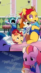 Size: 720x1280 | Tagged: safe, artist:little-tweenframes, banned from derpibooru, deleted from derpibooru, derpibooru import, sunset shimmer, oc, oc:honeycrisp blossom, earth pony, pony, comic:the wonder scouts, series:sciset diary, female, filly, freckles, offspring, parent:big macintosh, parent:princess cadance, parents:cadmac, the wonder scouts