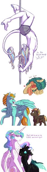 Size: 900x3250 | Tagged: suggestive, artist:lopoddity, banned from derpibooru, deleted from derpibooru, derpibooru import, lightning dust, princess celestia, thorax, oc, oc:frenzied beats, oc:moondancer, oc:zipperflash, alicorn, anthro, changeling, classical unicorn, pegasus, pony, unguligrade anthro, unicorn, pandoraverse, anthro with ponies, backbend, cloven hooves, female, flexible, leonine tail, male, next generation, offspring, parent:lightning dust, parent:prince blueblood, parent:thunderlane, parent:trixie, parents:bluetrix, parents:hayseedshores, parents:thunderdust, pole dancing, shipping, sperm donation, straight, stripper pole, trans boy, trans stallion, transgender, unshorn fetlocks, zeedancer