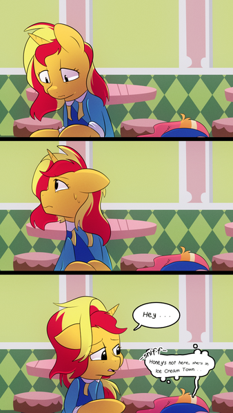 Size: 720x1280 | Tagged: safe, artist:little-tweenframes, banned from derpibooru, deleted from derpibooru, derpibooru import, sunset shimmer, oc, oc:honeycrisp blossom, pony, comic:the wonder scouts, series:sciset diary, clothes, comic, dialogue, female, filly, gravity falls, mare, offspring, parent:big macintosh, parent:princess cadance, parents:cadmac, sad, speech bubble, table