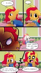 Size: 720x1280 | Tagged: safe, artist:little-tweenframes, banned from derpibooru, deleted from derpibooru, derpibooru import, sunset shimmer, oc, oc:honeycrisp blossom, earth pony, pony, comic:the wonder scouts, series:sciset diary, clothes, comic, cute, female, filly, food, food on face, ice cream, messy, offspring, parent:big macintosh, parent:princess cadance, parents:cadmac, shimmerbetes, starry eyes, thought bubble, wingding eyes