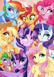 Size: 752x1062 | Tagged: safe, artist:dvixie, banned from derpibooru, deleted from derpibooru, derpibooru import, applejack, fluttershy, pinkie pie, rainbow dash, rarity, spike, starlight glimmer, sunset shimmer, twilight sparkle, twilight sparkle (alicorn), alicorn, dragon, earth pony, pegasus, pony, unicorn, applejack's hat, baby, baby dragon, cowboy hat, cute, cutie mark, dashabetes, diapinkes, ear fluff, female, freckles, friends, glimmerbetes, hair tie, hat, horn, jackabetes, looking at you, male, mane seven, mane six, mare, open mouth, raribetes, shimmerbetes, shyabetes, simple background, smiling, spikabetes, spread wings, stetson, twiabetes, wings