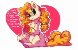 Size: 2300x1500 | Tagged: safe, artist:hiccupsdoesart, banned from derpibooru, deleted from derpibooru, derpibooru import, pear butter, earth pony, pony, the perfect pear, blushing, cheek fluff, chest fluff, cute, ear fluff, female, flower, fluffy, frog (hoof), heart, leg fluff, looking at you, mare, pearabetes, rose, shoulder fluff, simple background, sitting, smiling, solo, underhoof, white background