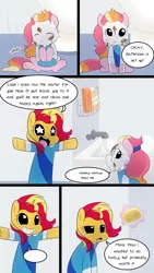 Size: 720x1280 | Tagged: safe, artist:little-tweenframes, banned from derpibooru, deleted from derpibooru, derpibooru import, sunset shimmer, oc, oc:honeycrisp blossom, earth pony, pony, unicorn, comic:the wonder scouts, series:sciset diary, bathroom, bathtub, clothes, comic, cute, female, filly, food, food on face, hnnng, ice cream, offspring, parent:big macintosh, parent:princess cadance, parents:cadmac, smiling, soap, starry eyes, wingding eyes