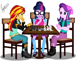 Size: 5978x4836 | Tagged: safe, artist:paulysentry, banned from derpibooru, deleted from derpibooru, derpibooru import, sci-twi, starlight glimmer, sunset shimmer, twilight sparkle, equestria girls, absurd resolution, beanie, chair, chess, clothes, commission, crossed arms, cute, hat, jacket, leather jacket, pants, signature, simple background, sitting, smiling, thinking, transparent background, vest, watching