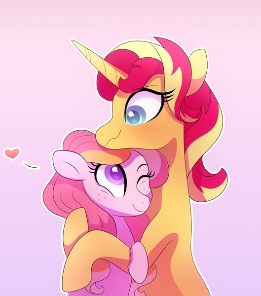 Size: 800x907 | Tagged: safe, artist:carouselunique, artist:little-tweenframes, banned from derpibooru, deleted from derpibooru, derpibooru import, sunset shimmer, oc, oc:honeycrisp blossom, earth pony, pony, unicorn, collaboration, cute, female, filly, freckles, heart, hug, mare, offspring, one eye closed, parent:big macintosh, parent:princess cadance, parents:cadmac, pink background, shimmerbetes, simple background