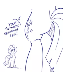 Size: 1882x2130 | Tagged: suggestive, artist:dilarus, banned from derpibooru, deleted from derpibooru, derpibooru import, applejack, twilight sparkle, twilight sparkle (alicorn), alicorn, pony, comic:the many faces of twilight sparkle, bipedal, butt, dialogue, female, lesbian, monochrome, plot, shipping, simple background, this will end in snu snu, twibutt, twijack, white background