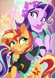 Size: 662x935 | Tagged: safe, artist:dvixie, banned from derpibooru, deleted from derpibooru, derpibooru import, starlight glimmer, sunset shimmer, pony, unicorn, beanie, clothes, cute, duo, equestria girls outfit, eye contact, female, geode of empathy, glimmerbetes, hat, looking at each other, magical geodes, shimmerbetes, smiling
