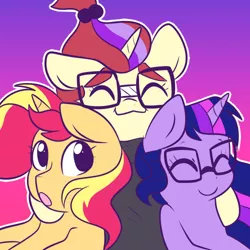 Size: 500x500 | Tagged: safe, artist:little-tweenframes, banned from derpibooru, deleted from derpibooru, derpibooru import, moondancer, sci-twi, sunset shimmer, twilight sparkle, ponified, pony, unicorn, series:sciset diary, equestria girls, eyes closed, female, lesbian, mare, scitwishimmer, shipping, sunsetsparkle, trio