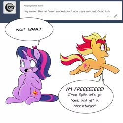 Size: 1300x1300 | Tagged: safe, artist:little-tweenframes, banned from derpibooru, deleted from derpibooru, derpibooru import, sci-twi, sunset shimmer, twilight sparkle, ponified, pony, unicorn, series:sciset diary, body swap, dialogue, female, glasses, lesbian, mare, pregnant, scitwishimmer, shipping, smiling, speech bubble, sunsetsparkle, tumblr