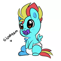 Size: 500x500 | Tagged: safe, artist:little-tweenframes, banned from derpibooru, deleted from derpibooru, derpibooru import, oc, oc:slipstream, unofficial characters only, pony, baby, baby pony, cute, diaper, hnnng, magical lesbian spawn, next generation, ocbetes, offspring, pacifier, parent:lightning dust, parent:rainbow dash, parents:rainbowdust, solo