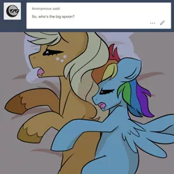 Size: 1300x1300 | Tagged: safe, artist:little-tweenframes, banned from derpibooru, deleted from derpibooru, derpibooru import, applejack, rainbow dash, pony, series:cloudsdale symphony, appledash, cuddling, female, lesbian, mare, shipping, size difference, sleeping, smoldash, spooning, tumblr