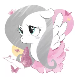 Size: 1024x1021 | Tagged: safe, artist:angstfish, banned from derpibooru, deleted from derpibooru, derpibooru import, fluttershy, butterfly, pegasus, pony, blushing, bust, cute, cutie mark eyes, female, floppy ears, limited palette, mare, portrait, solo, wingding eyes, wings