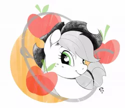 Size: 1024x884 | Tagged: safe, artist:angstfish, banned from derpibooru, deleted from derpibooru, derpibooru import, applejack, apple eyes, bust, cutie mark, cutie mark eyes, head turn, limited palette, looking at you, portrait, solo, wingding eyes