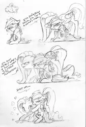 Size: 867x1280 | Tagged: safe, artist:dilarus, banned from derpibooru, deleted from derpibooru, derpibooru import, fluttershy, rainbow dash, pegasus, pony, comic, cute, dialogue, duo, female, floating heart, flutterdash, grayscale, grumpy, heart, hug, lesbian, lineart, mare, monochrome, pencil drawing, shipping, size difference, sketch, smiling, smoldash, tallershy, tongue out, traditional art, tsunderainbow, tsundere