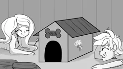 Size: 1280x720 | Tagged: safe, artist:little-tweenframes, banned from derpibooru, deleted from derpibooru, derpibooru import, fluttershy, rainbow dash, series:sciset diary, equestria girls, clothes, doghouse, eyes closed, grin, monochrome, smiling