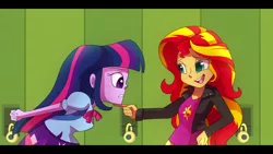 Size: 1280x720 | Tagged: safe, artist:little-tweenframes, banned from derpibooru, deleted from derpibooru, derpibooru import, sunset shimmer, twilight sparkle, series:sciset diary, equestria girls, equestria girls (movie), clothes, jacket, lockers, open mouth, scene interpretation, shirt, smiling, you must be new here