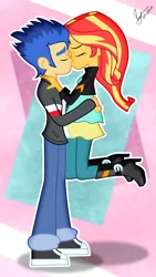 Size: 920x1636 | Tagged: safe, artist:paulysentry, banned from derpibooru, deleted from derpibooru, derpibooru import, flash sentry, sunset shimmer, equestria girls, boots, clothes, eyes closed, female, flashimmer, high heel boots, jacket, kissing, leather jacket, male, pants, shipping, shoes, straight