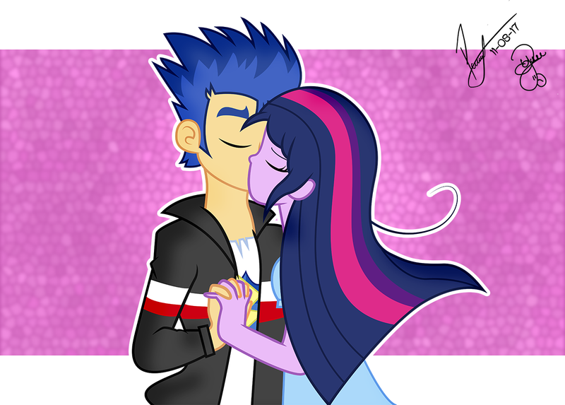 Size: 1200x859 | Tagged: safe, artist:paulysentry, banned from derpibooru, deleted from derpibooru, derpibooru import, flash sentry, twilight sparkle, equestria girls, clothes, commission, eyes closed, female, flashlight, holding hands, jacket, kissing, male, shipping, shirt, straight