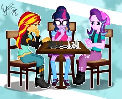 Size: 1263x1023 | Tagged: safe, artist:paulysentry, banned from derpibooru, deleted from derpibooru, derpibooru import, sci-twi, starlight glimmer, sunset shimmer, twilight sparkle, equestria girls, mirror magic, spoiler:eqg specials, beanie, chair, chess, clothes, counterparts, crossed arms, hat, magical trio, smiling, stars, table, trio, twilight's counterparts