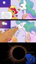 Size: 720x1280 | Tagged: safe, artist:little-tweenframes, banned from derpibooru, deleted from derpibooru, derpibooru import, princess celestia, princess luna, sunset shimmer, alicorn, pony, unicorn, series:sciset diary, comic, drinking, eclipse, female, food, implied magical lesbian spawn, majestic as fuck, mare, royal sisters, smiling, solar eclipse, spit take, tea