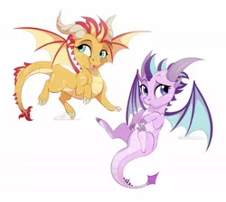 Size: 1200x1073 | Tagged: safe, artist:dvixie, banned from derpibooru, deleted from derpibooru, derpibooru import, starlight glimmer, sunset shimmer, dragon, cute, dragoness, dragonified, duo, female, flying, glimmerbetes, glimmerdragon, shimmerbetes, simple background, smiling, species swap, spread wings, sunset dragon, sweet dreams fuel, white background, wings
