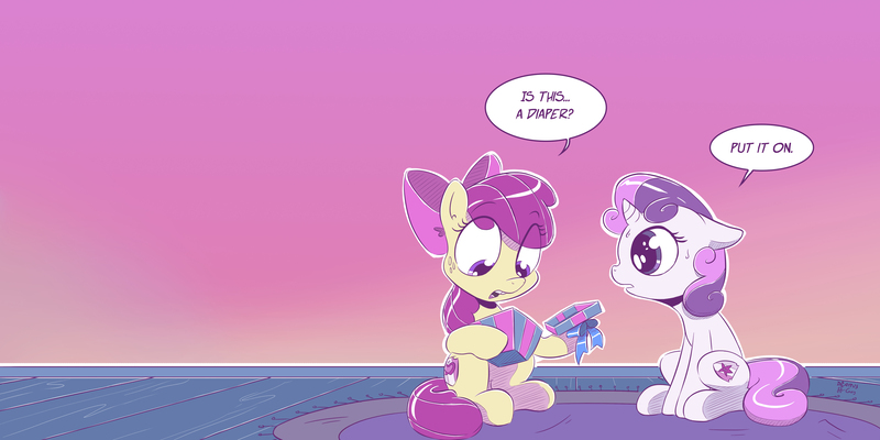 Size: 6000x3000 | Tagged: questionable, artist:dilarus, artist:greyscaleart, artist:trevorrain, banned from derpibooru, deleted from derpibooru, derpibooru import, edit, apple bloom, sweetie belle, meet-the-pones, absurd resolution, collaboration, cutie mark, dialogue, diaper, diaper fetish, dilated pupils, eyes on the prize, fetish, floppy ears, frown, implied sweetiebloom, open mouth, present, sitting, sweat, the cmc's cutie marks, wide eyes