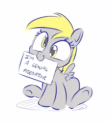 Size: 928x1024 | Tagged: suggestive, artist:dilarus, banned from derpibooru, deleted from derpibooru, derpibooru import, edit, derpy hooves, pegasus, pony, cute, dark comedy, derpabetes, female, mare, mouth hold, pony shaming, pure unfiltered evil, sexual predator, sign, simple background, sitting, smiling, solo, solo female, spread wings, underhoof, white background, wings