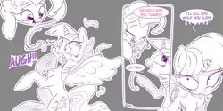 Size: 2400x1200 | Tagged: safe, artist:dilarus, banned from derpibooru, deleted from derpibooru, derpibooru import, pinkie pie, twilight sparkle, twilight sparkle (alicorn), alicorn, pony, snake, meet-the-pones, comic, death stare, feather, frightened, prank, speech bubble, this will end in death, twilight is not amused, unamused