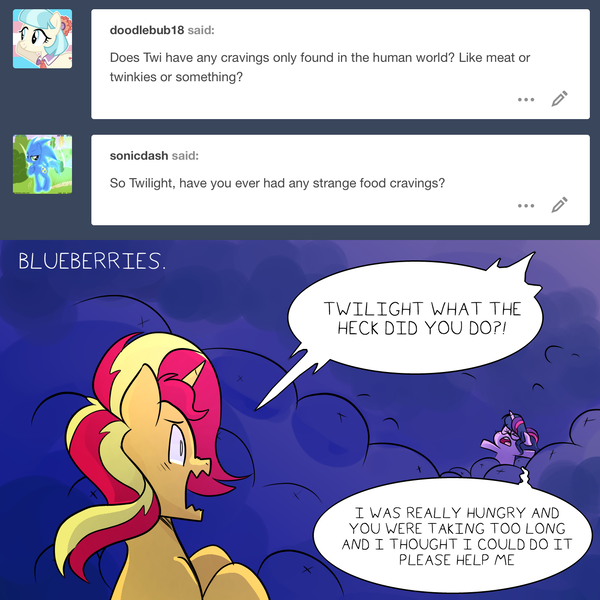 Size: 1300x1300 | Tagged: safe, artist:little-tweenframes, banned from derpibooru, deleted from derpibooru, derpibooru import, sci-twi, sunset shimmer, twilight sparkle, ponified, pony, unicorn, series:sciset diary, ask, blueberry, dialogue, equestria girls ponified, female, food, glasses, lesbian, sciset's blueberry divorce, scitwishimmer, shipping, shocked, speech bubble, sunsetsparkle, tumblr