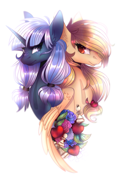 Size: 2756x3996 | Tagged: safe, artist:petrinox, banned from derpibooru, deleted from derpibooru, derpibooru import, oc, oc:alice goldenfeather, oc:silverlay, unofficial characters only, pegasus, pony, unicorn, apple, back to back, bust, female, flower, food, high res, mare, portrait, simple background, transparent background, umbra pony