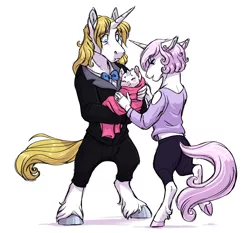 Size: 1024x953 | Tagged: safe, artist:lopoddity, banned from derpibooru, deleted from derpibooru, derpibooru import, fleur-de-lis, prince blueblood, oc, oc:vogue, anthro, unguligrade anthro, unicorn, pandoraverse, baby, baby pony, clothes, female, foal, image, infidelity, male, next generation, offspring, parent:fleur-de-lis, parent:prince blueblood, parents:fleur-de-blueblood, png, simple background, swaddling, unshorn fetlocks, white background