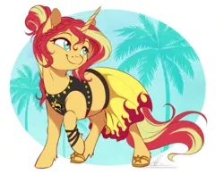 Size: 876x685 | Tagged: safe, artist:dvixie, banned from derpibooru, deleted from derpibooru, derpibooru import, sunset shimmer, pony, unicorn, bikini, clothes, cute, female, hoof sandals, hooves, mare, palm tree, sandals, shimmerbetes, solo, summer sunset, swimsuit, tree