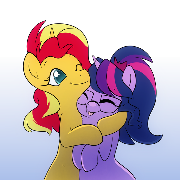 Size: 1300x1300 | Tagged: safe, artist:little-tweenframes, banned from derpibooru, deleted from derpibooru, derpibooru import, sci-twi, sunset shimmer, twilight sparkle, ponified, pony, unicorn, series:sciset diary, equestria girls, cute, female, glasses, hnnng, hug, lesbian, mare, scitwishimmer, shimmerbetes, shipping, smiling, sunsetsparkle, tongue out, twiabetes