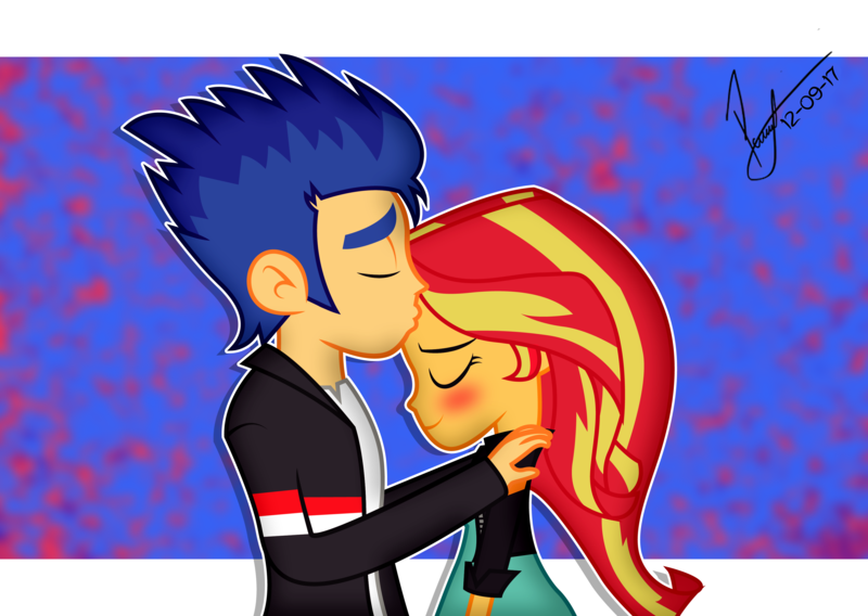 Size: 3476x2469 | Tagged: safe, artist:paulysentry, banned from derpibooru, deleted from derpibooru, derpibooru import, flash sentry, sunset shimmer, equestria girls, blushing, clothes, eyes closed, female, flashimmer, jacket, kissing, leather jacket, male, shipping, smiling, straight