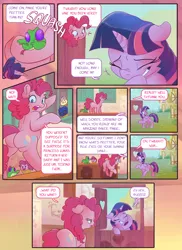 Size: 2000x2750 | Tagged: safe, artist:dilarus, artist:foudubulbe, artist:viwrastupr, banned from derpibooru, deleted from derpibooru, derpibooru import, gummy, pinkie pie, twilight sparkle, twilight sparkle (alicorn), alicorn, pony, comic:royal tease, bipedal, butt, collaboration, comic, cupcake, female, food, laughing, lesbian, plot, shipping, twinkie, wig