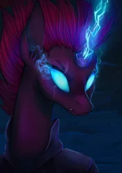 Size: 4961x7016 | Tagged: safe, artist:petrinox, banned from derpibooru, deleted from derpibooru, derpibooru import, tempest shadow, pony, unicorn, my little pony: the movie, absurd resolution, beautiful, broken horn, eye scar, female, glowing eyes, glowing horn, horn, lightning, magic, majestic, mare, scar, solo, sparking horn