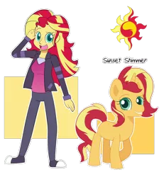 Size: 1000x1080 | Tagged: safe, artist:little-tweenframes, banned from derpibooru, deleted from derpibooru, derpibooru import, sunset shimmer, pony, unicorn, series:sciset diary, equestria girls, arm behind head, clothes, converse, cute, female, human ponidox, jacket, looking at you, mare, open mouth, self ponidox, shimmerbetes, shirt, shoes, simple background, smiling, solo, transparent background